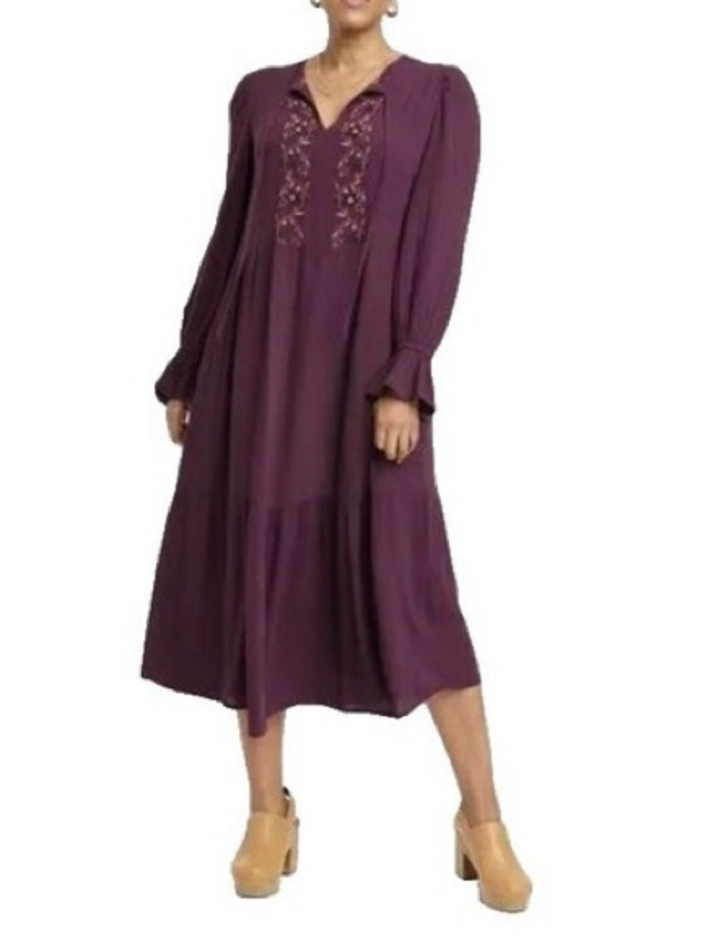 Knox Rose Plum Long-Sleeve Embroidered Midi Dress